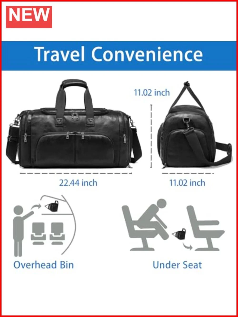 Leather Weekender Duffel Bag with Shoe Compartment, Waterproof Carry On for